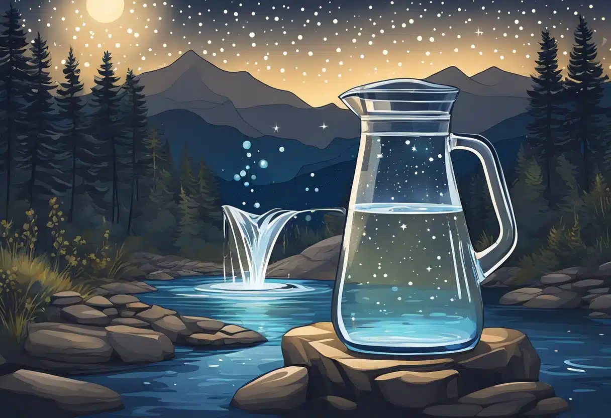 A water jug pouring water into a flowing river under the starry night sky