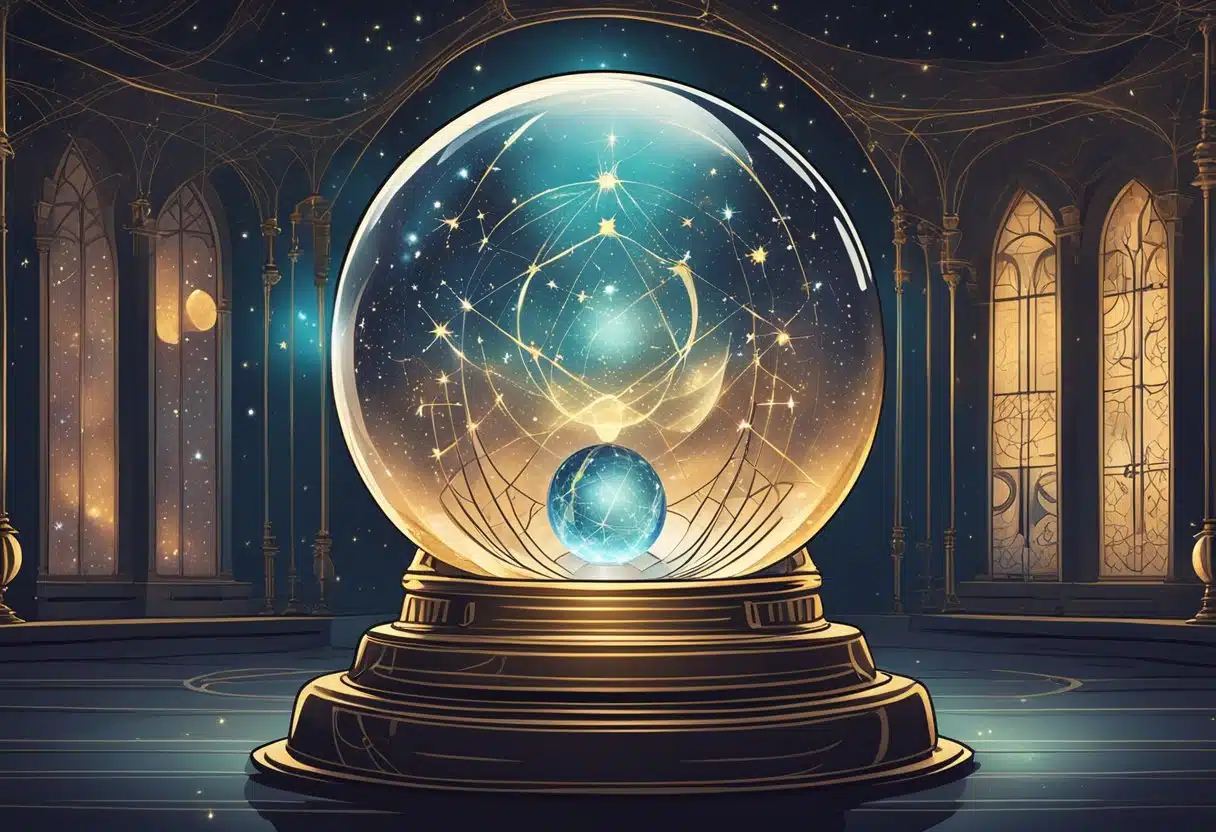 A mystical crystal ball surrounded by celestial symbols and constellations, emanating a soft glow in a dimly lit room