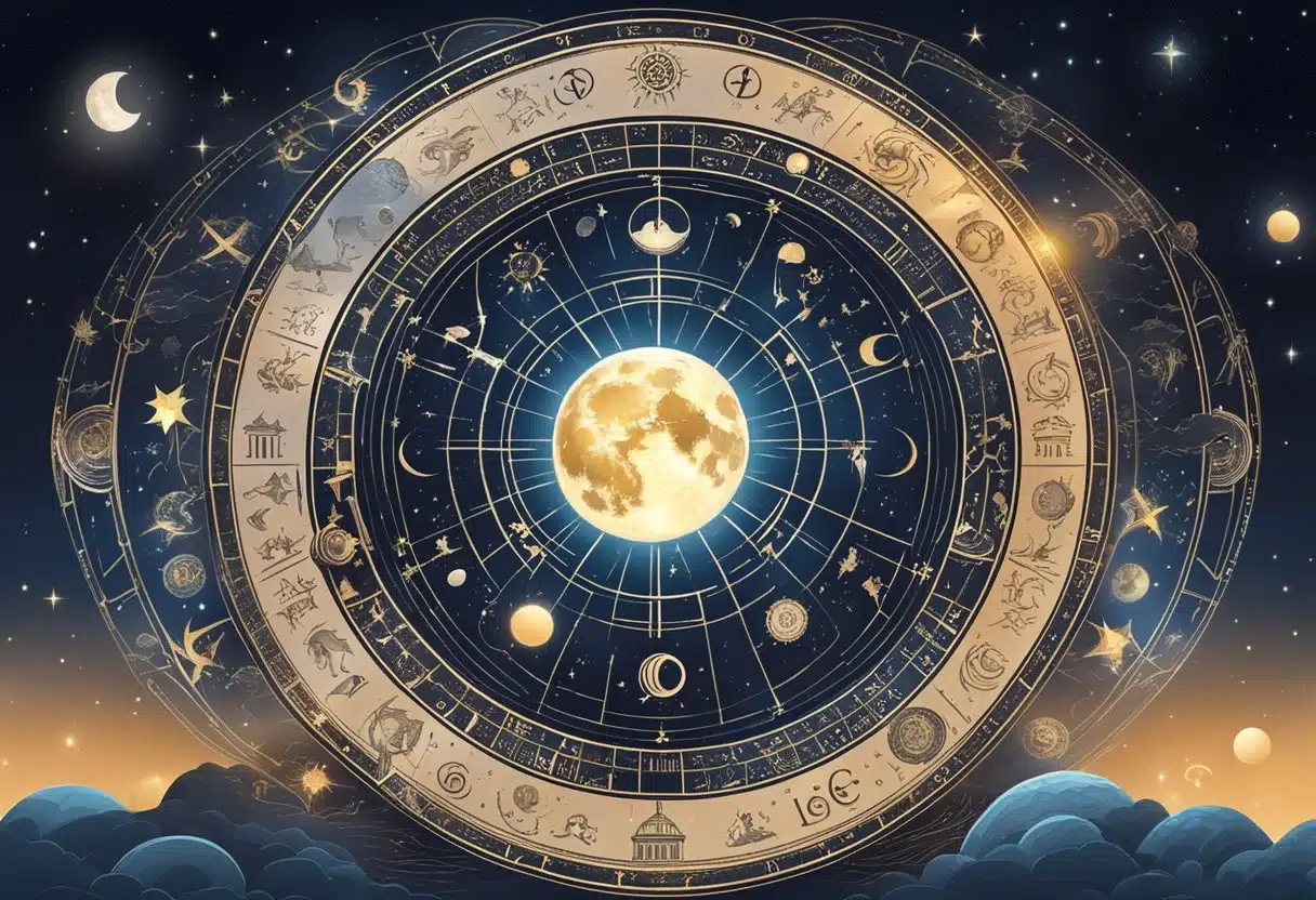 A glowing moon surrounded by zodiac symbols and celestial elements, radiating energy and influence over the earth
