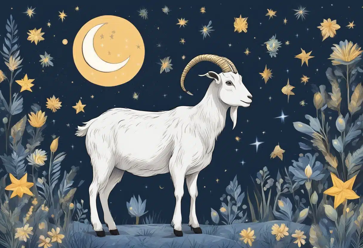 A goat standing under a starry night sky, with the moon shining brightly above. The goat is surrounded by symbols of the zodiac and a calendar indicating the current month