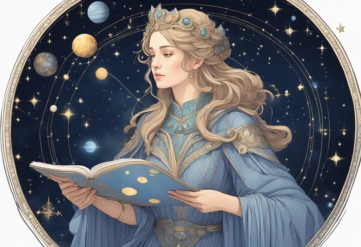 A celestial maiden gazes at the stars, holding a scroll of monthly predictions. The night sky is filled with constellations and planets
