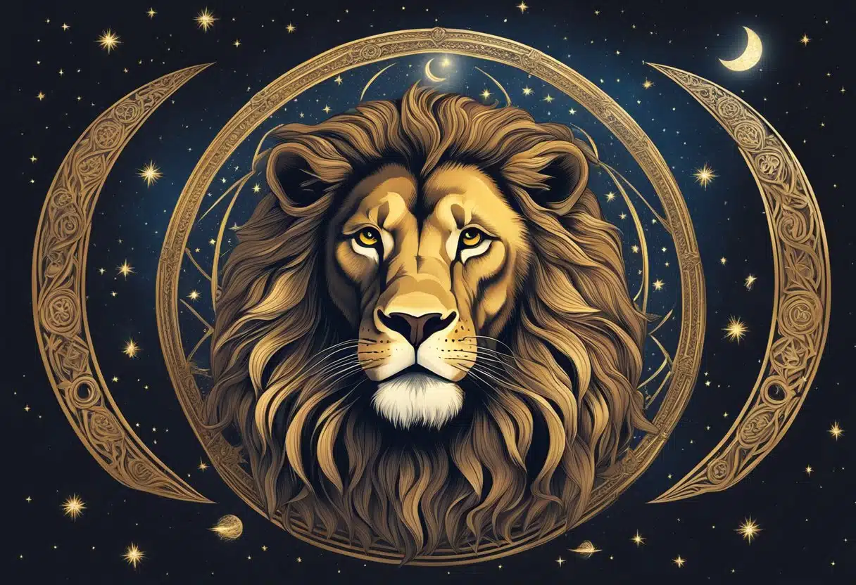 A lion surrounded by celestial symbols, gazing at a starry sky with a golden crescent moon