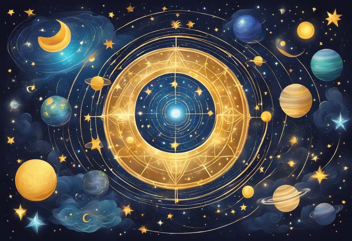 A starry night sky with zodiac symbols shining brightly, surrounded by swirling cosmic energy and celestial bodies