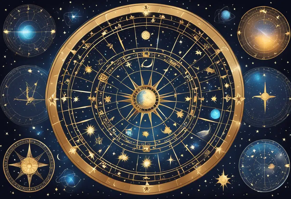 A zodiac wheel with astrological symbols and constellations against a starry night sky