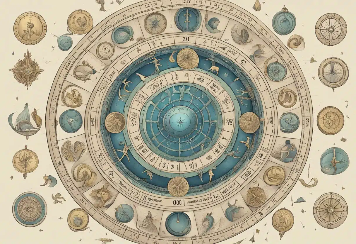A zodiac wheel with symbols and personality traits around it