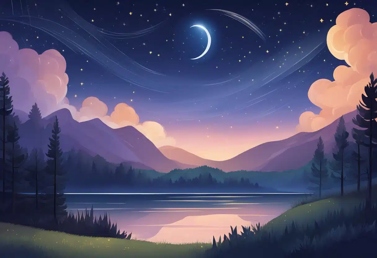 A starry night sky in July, with constellations shining brightly and a crescent moon casting a soft glow over the landscape