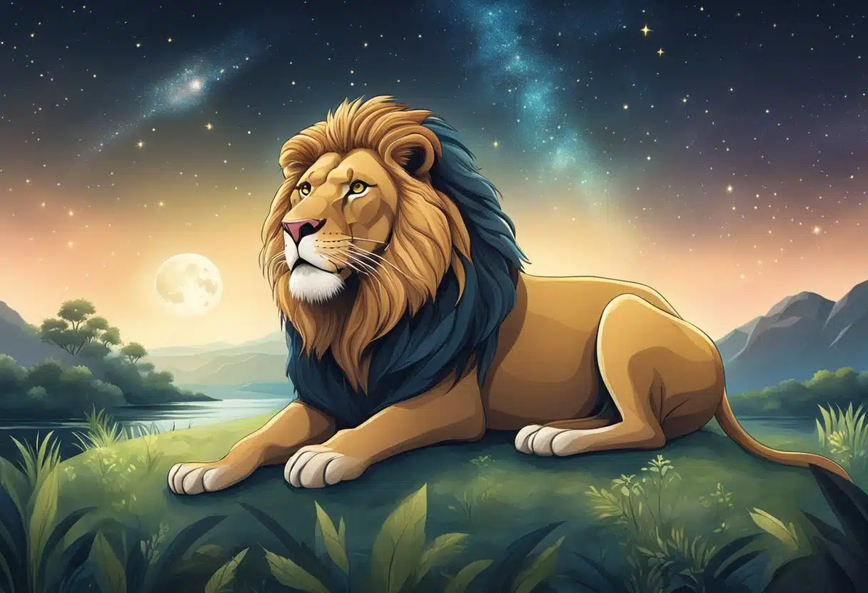 A lion and a crab sit under a starry sky, surrounded by lush greenery. The lion roars confidently while the crab scuttles cautiously