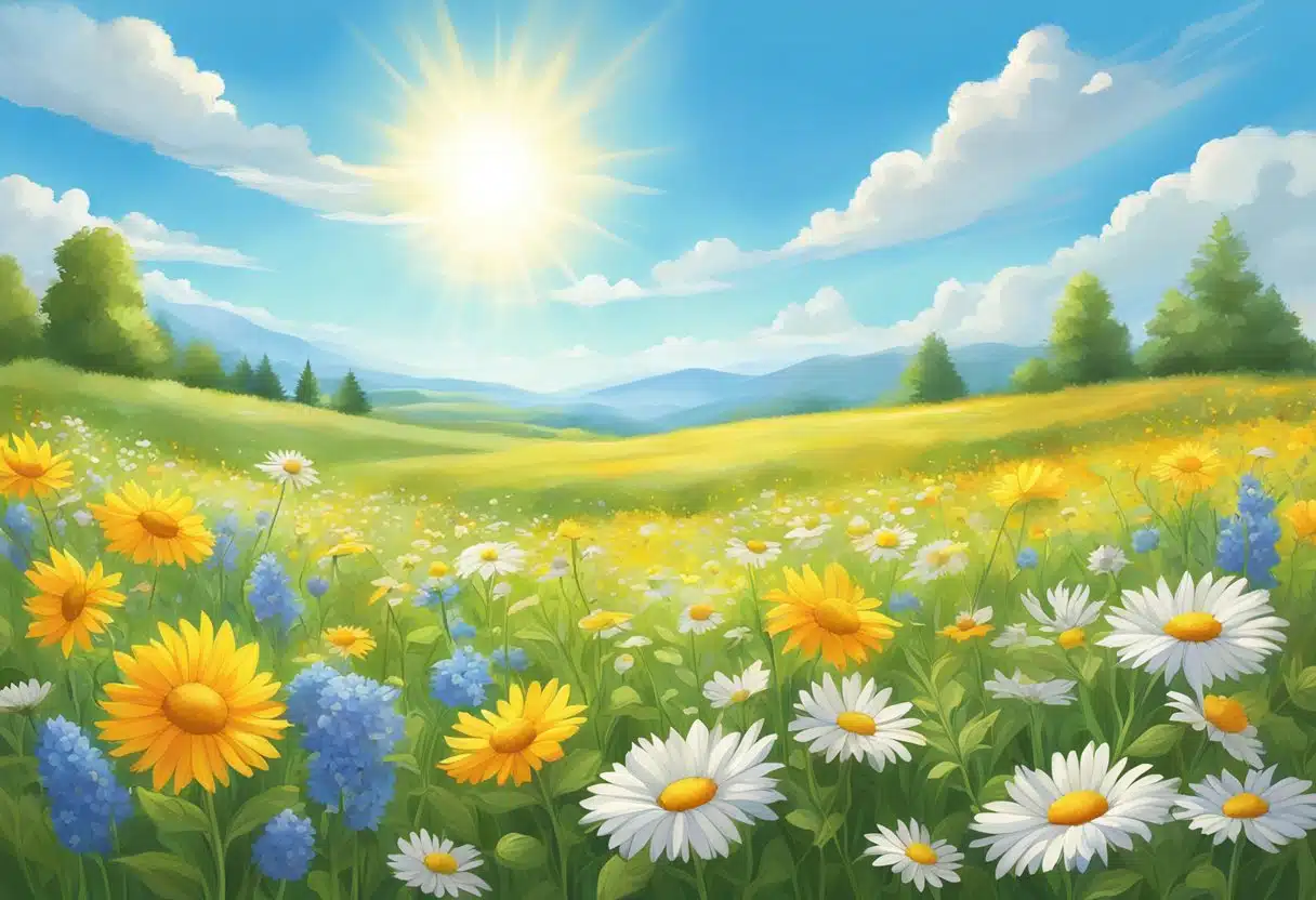 A bright sun shining over a field of blooming wildflowers, with a clear blue sky and a few fluffy white clouds