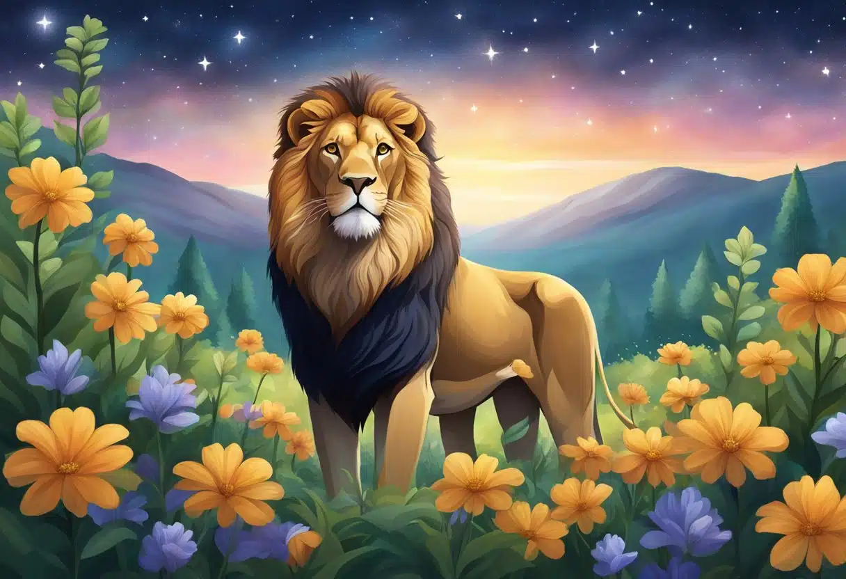 A lion standing proudly under the bright July stars, surrounded by lush greenery and blooming flowers