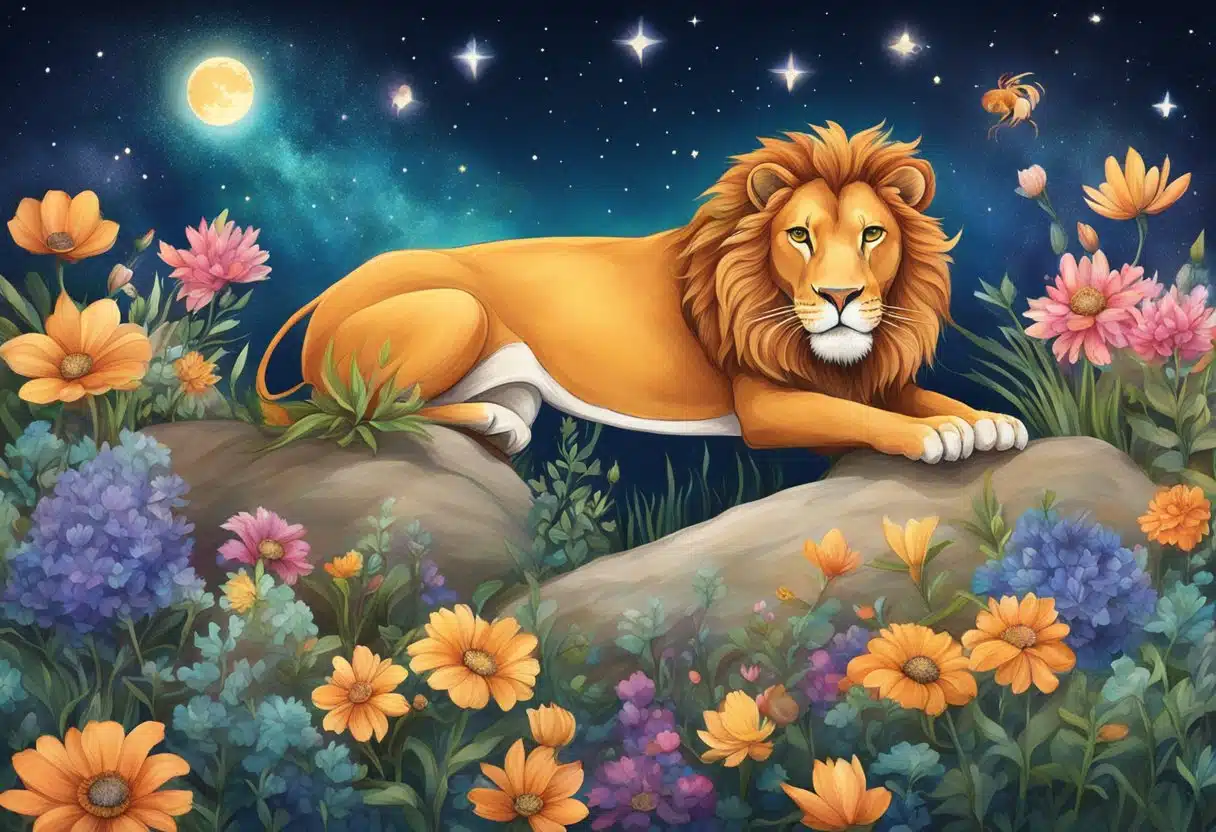A crab and a lion surrounded by vibrant summer flowers under a starry sky in July