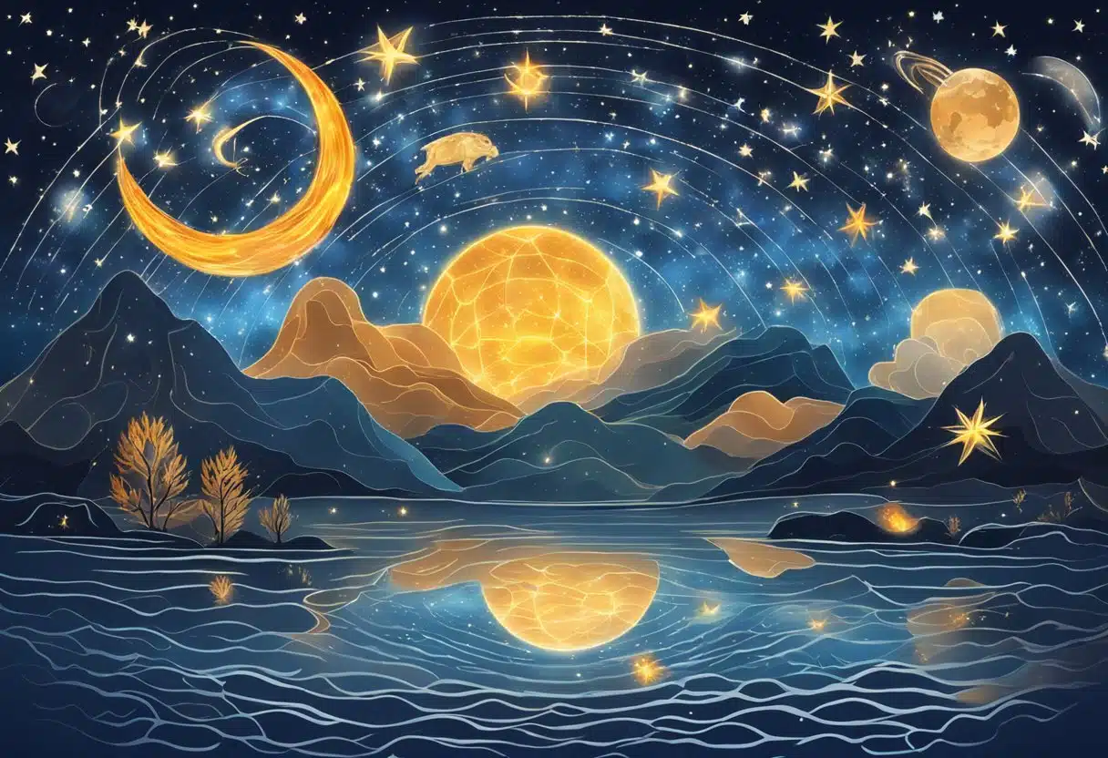 A starry night sky with the zodiac signs of July, including Cancer and Leo, surrounded by elements of water and fire