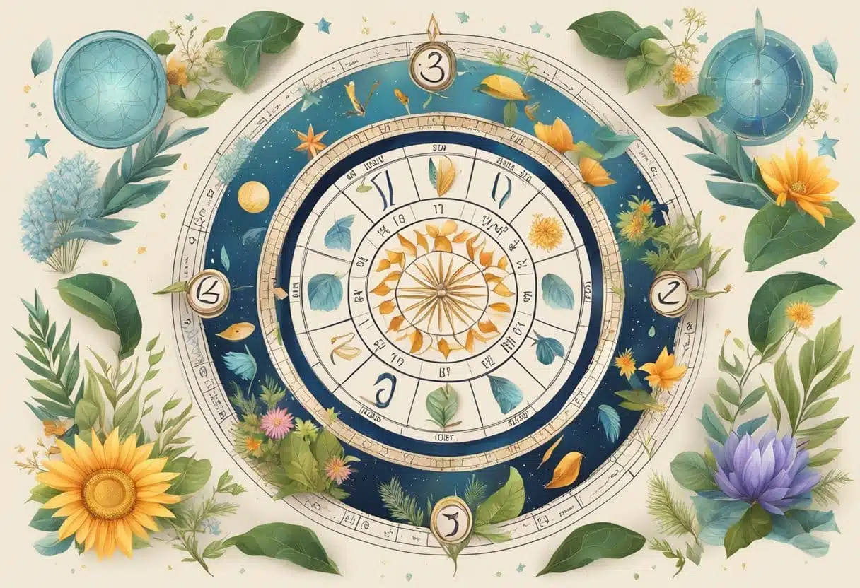 A vibrant zodiac wheel surrounded by elements of nature and symbols of the month of July