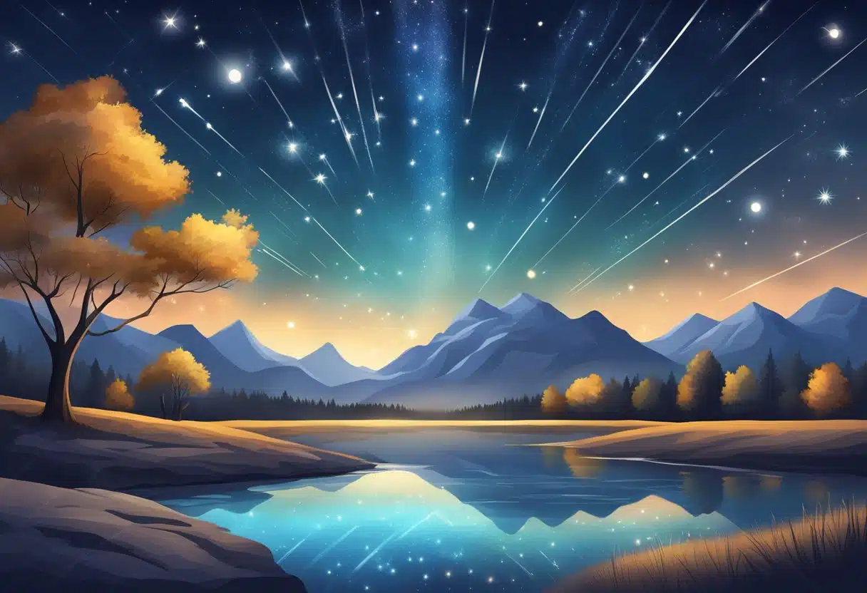 A serene night sky with 13 constellations, each representing a different zodiac sign, shining brightly above a tranquil landscape