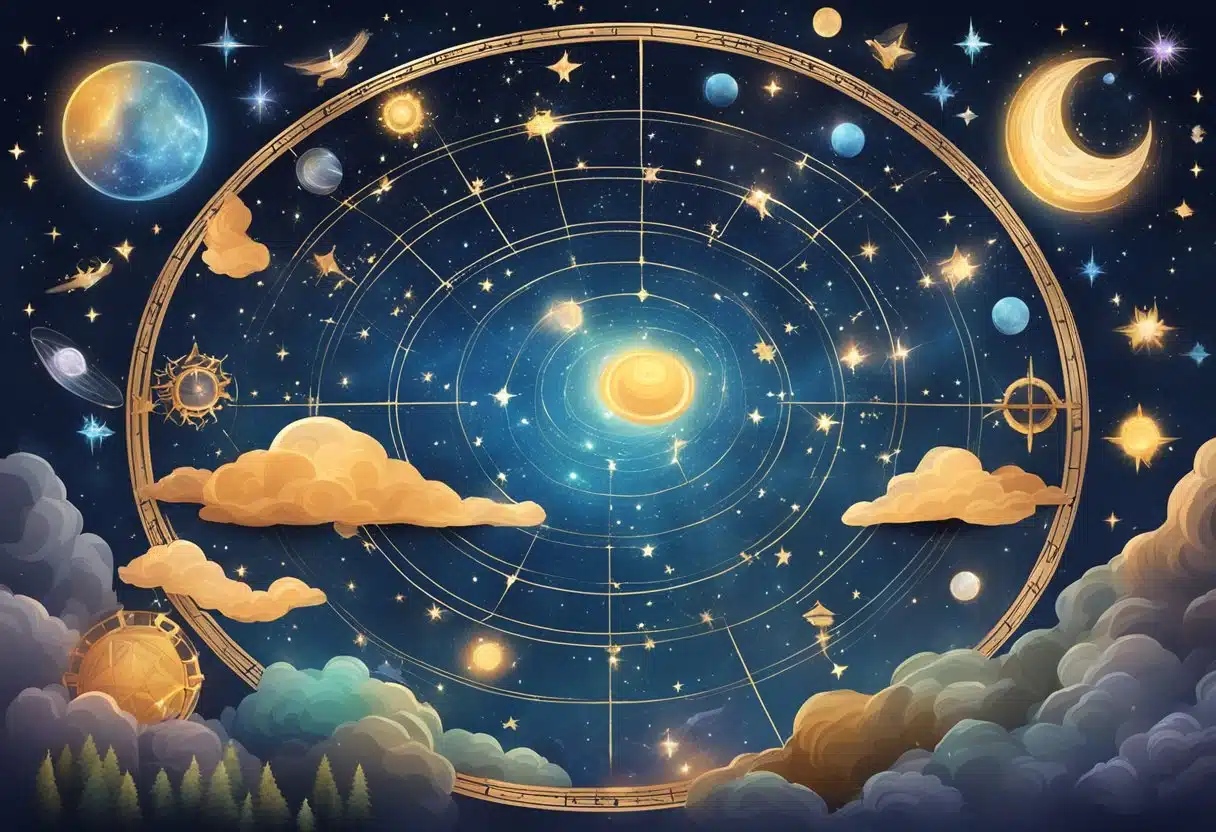 A mystical night sky with 13 zodiac constellations shining brightly, surrounded by celestial elements and cosmic energy