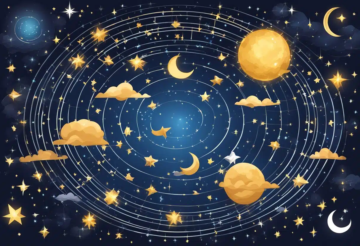 A night sky with 13 zodiac constellations shining brightly