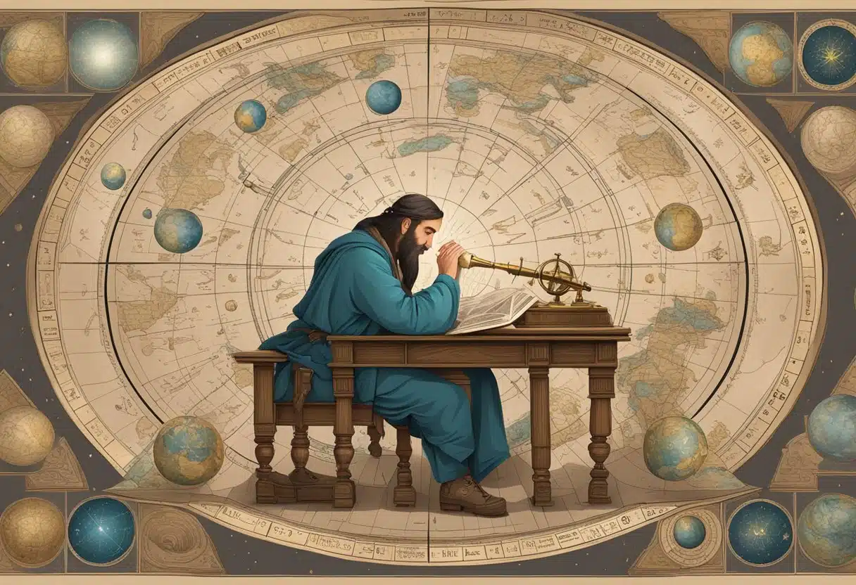 A modern astrologer studying the 13th zodiac sign, surrounded by celestial maps and charts, with a telescope and ancient texts on a desk