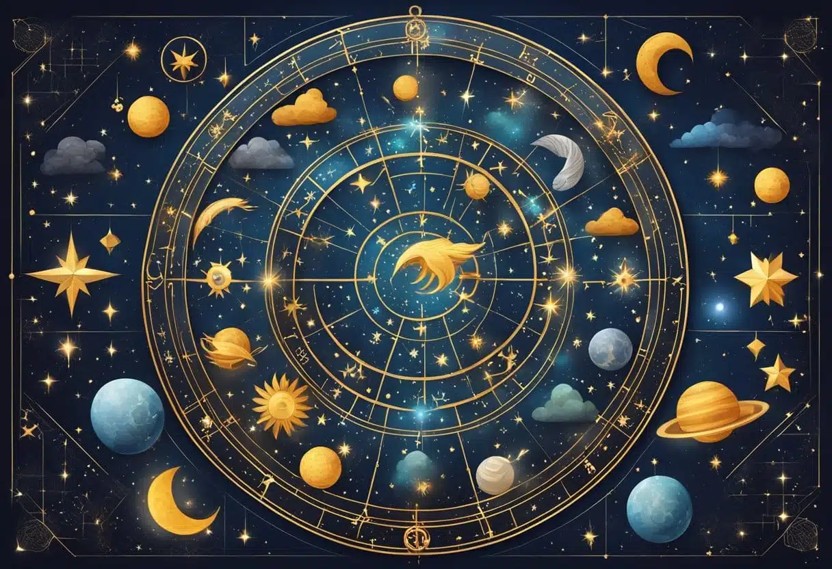 A swirling galaxy with 12 clear zodiac symbols, and a mysterious 13th symbol glowing in the center, surrounded by celestial elements