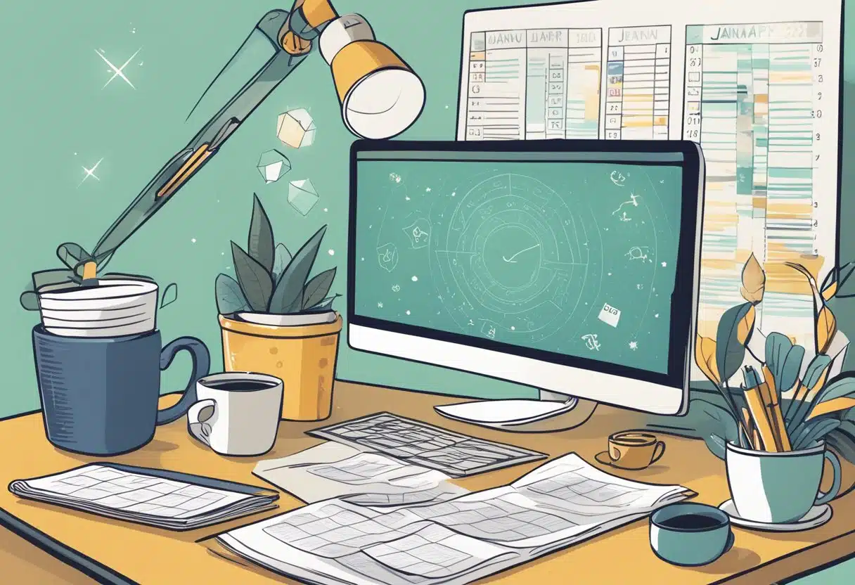 A desk cluttered with papers, a computer screen displaying a horoscope, and a calendar showing January 6th. A mug of coffee sits nearby