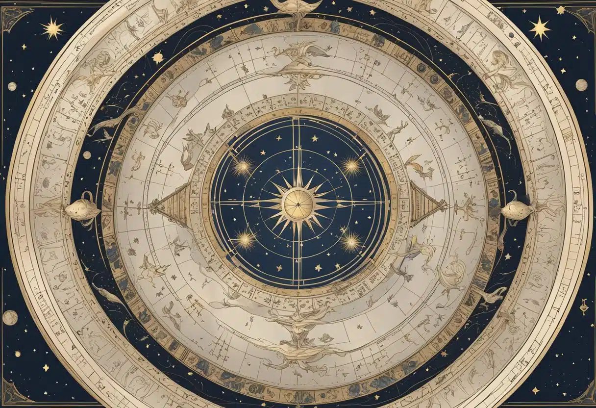 A celestial wheel with zodiac symbols encircling a central star, surrounded by celestial patterns and constellations