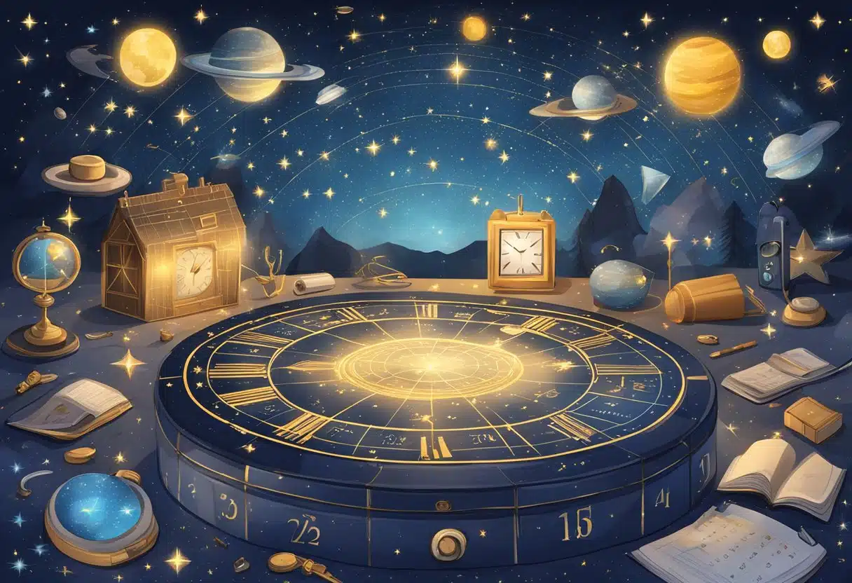 A starry night sky with zodiac constellations shining brightly, surrounded by everyday objects like a calendar, clock, and smartphone