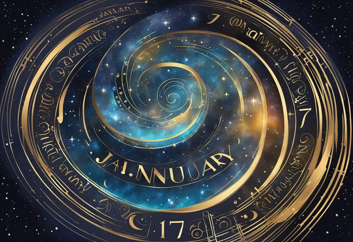 A swirling galaxy of zodiac symbols on a starry background, with the date "January 7th" written in bold letters