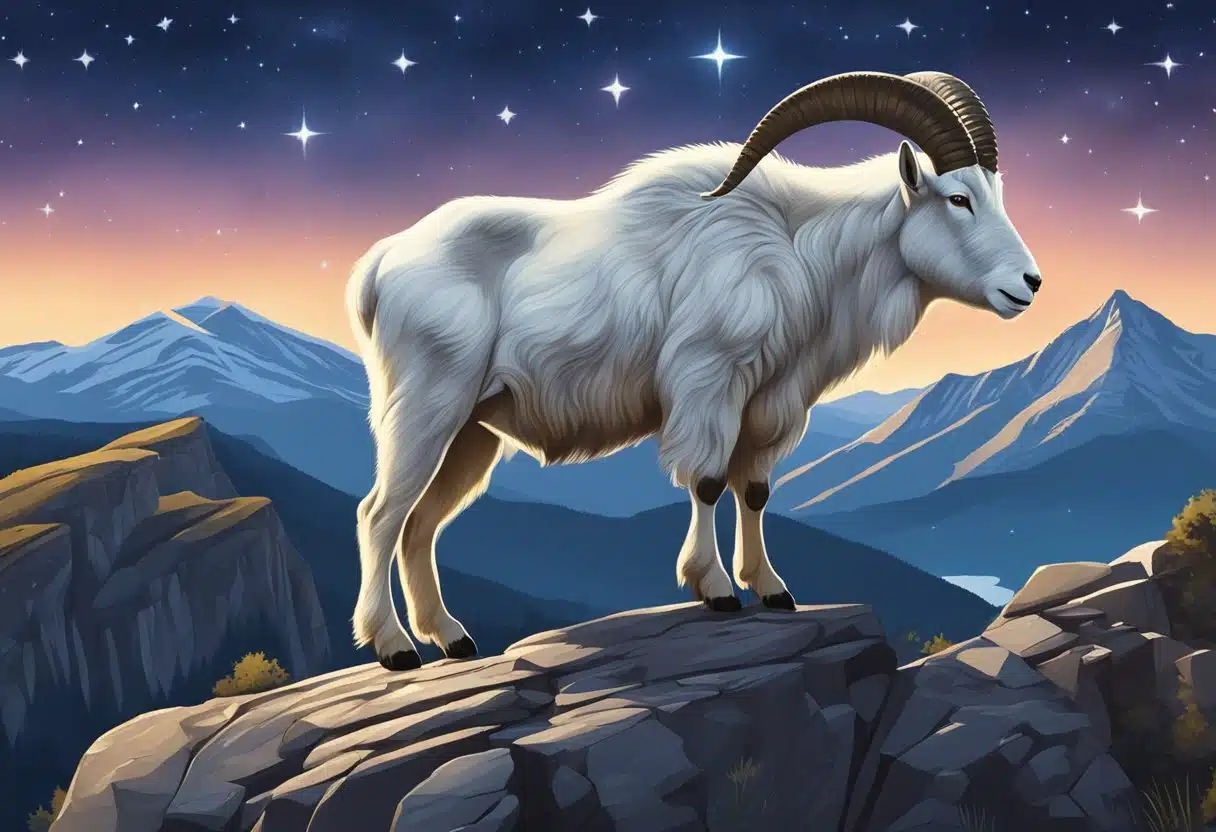 A majestic mountain goat stands proudly on a rocky cliff, with the stars of the Capricorn constellation shining brightly in the night sky above