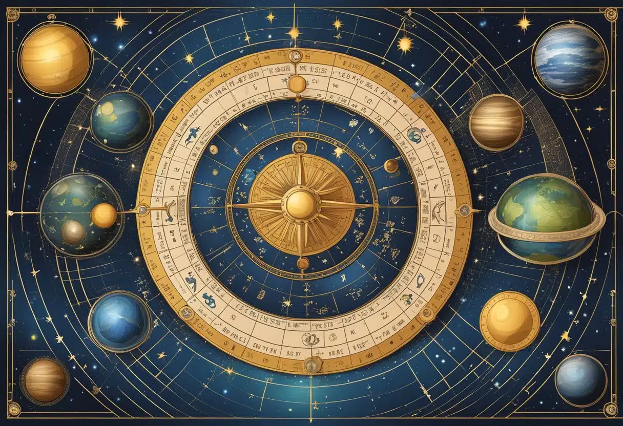 A celestial chart with zodiac symbols and dates, surrounded by stars and planets