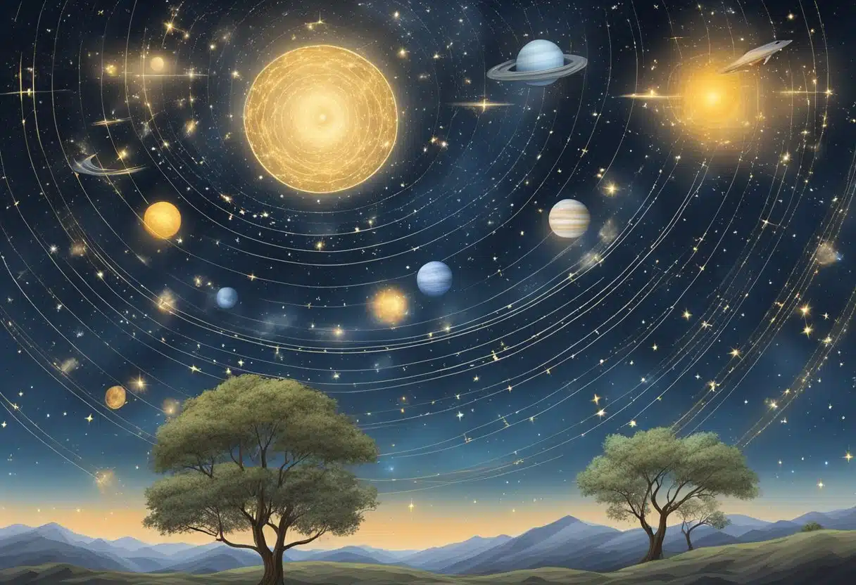 A celestial scene with stars and constellations on January 10th, depicting annual and periodic cycles