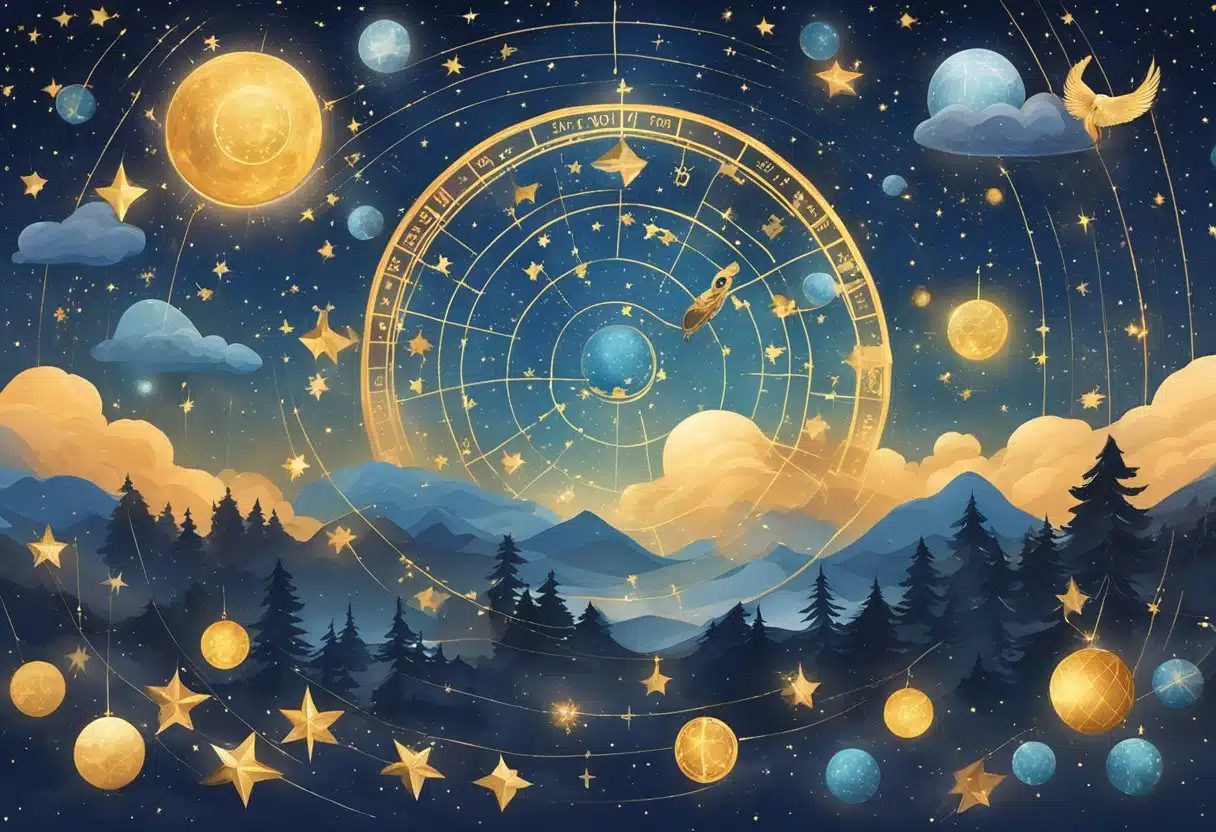 A starry night sky with zodiac signs aligning on January 10th, representing secondary astrological aspects