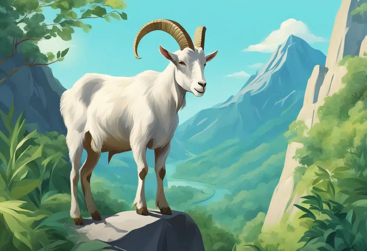 A serene goat stands atop a mountain, surrounded by lush greenery and a clear blue sky, symbolizing the influence of Capricorn on health