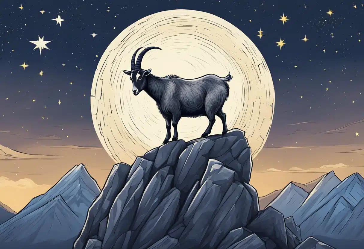 A goat climbing a rocky mountain under the starry night sky