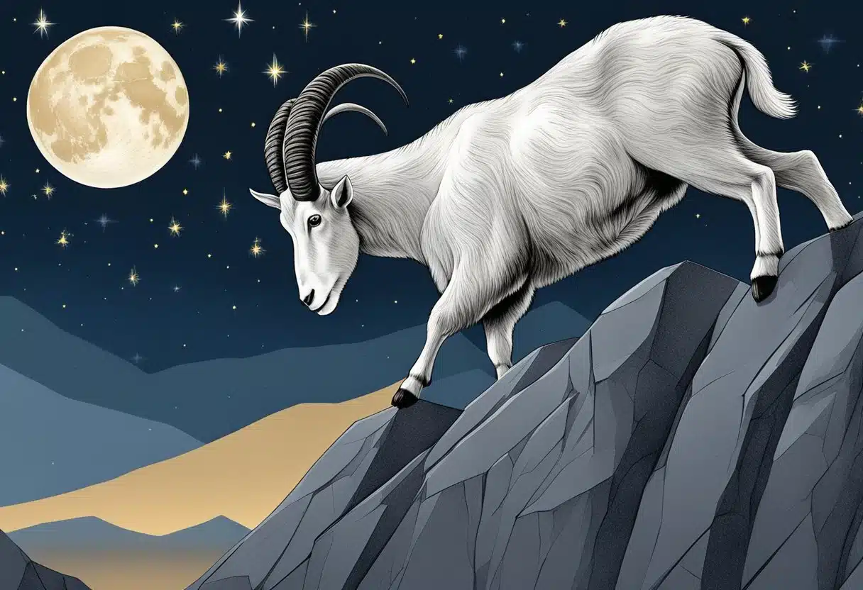 A mountain goat climbing a steep rocky cliff under the starry night sky on January 11th
