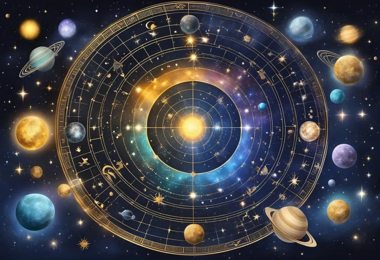 A cosmic scene with zodiac symbols, celestial bodies, and astrological elements on January 11th