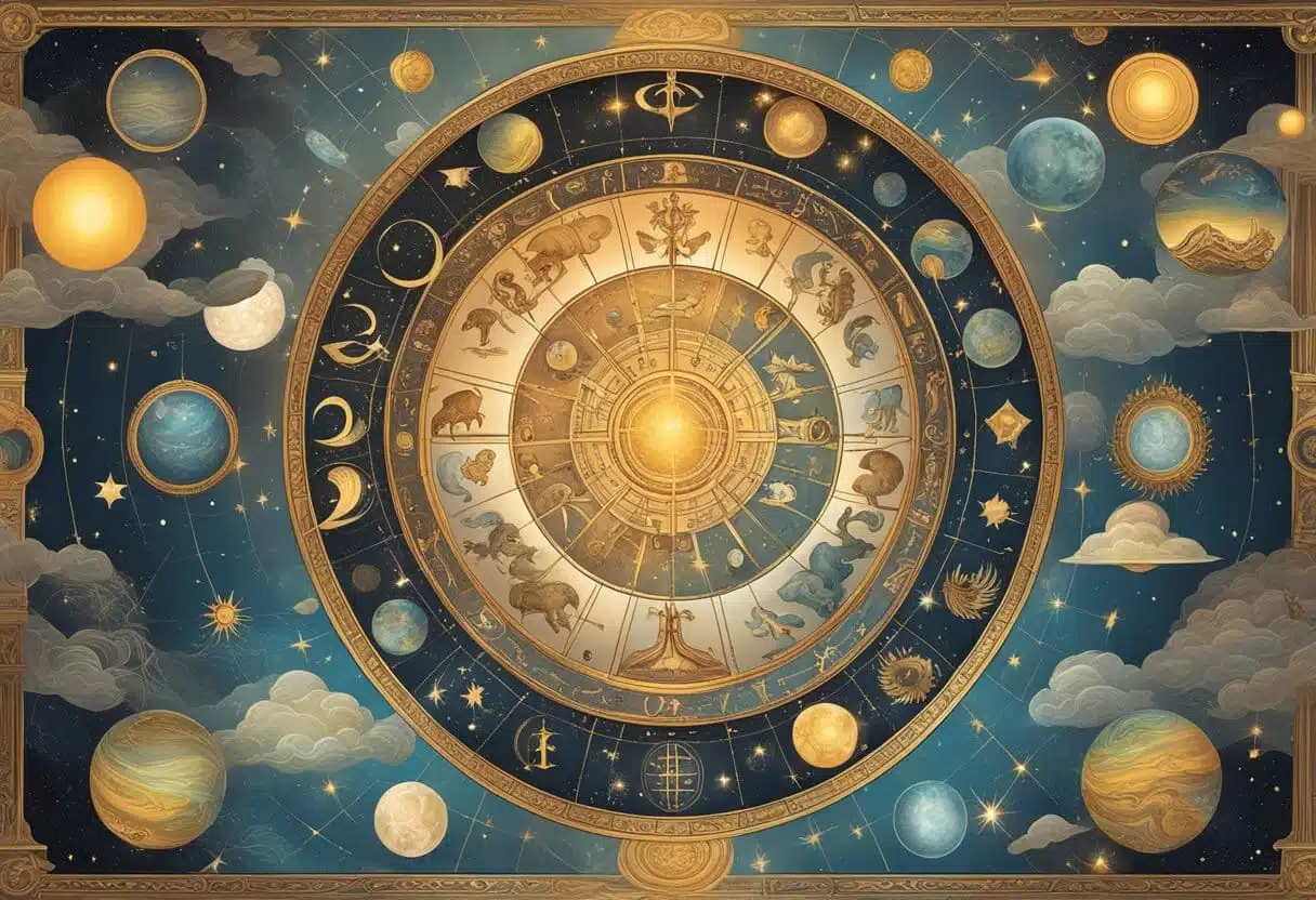 A celestial scene with stars and zodiac symbols for "January Zodiac Sign."