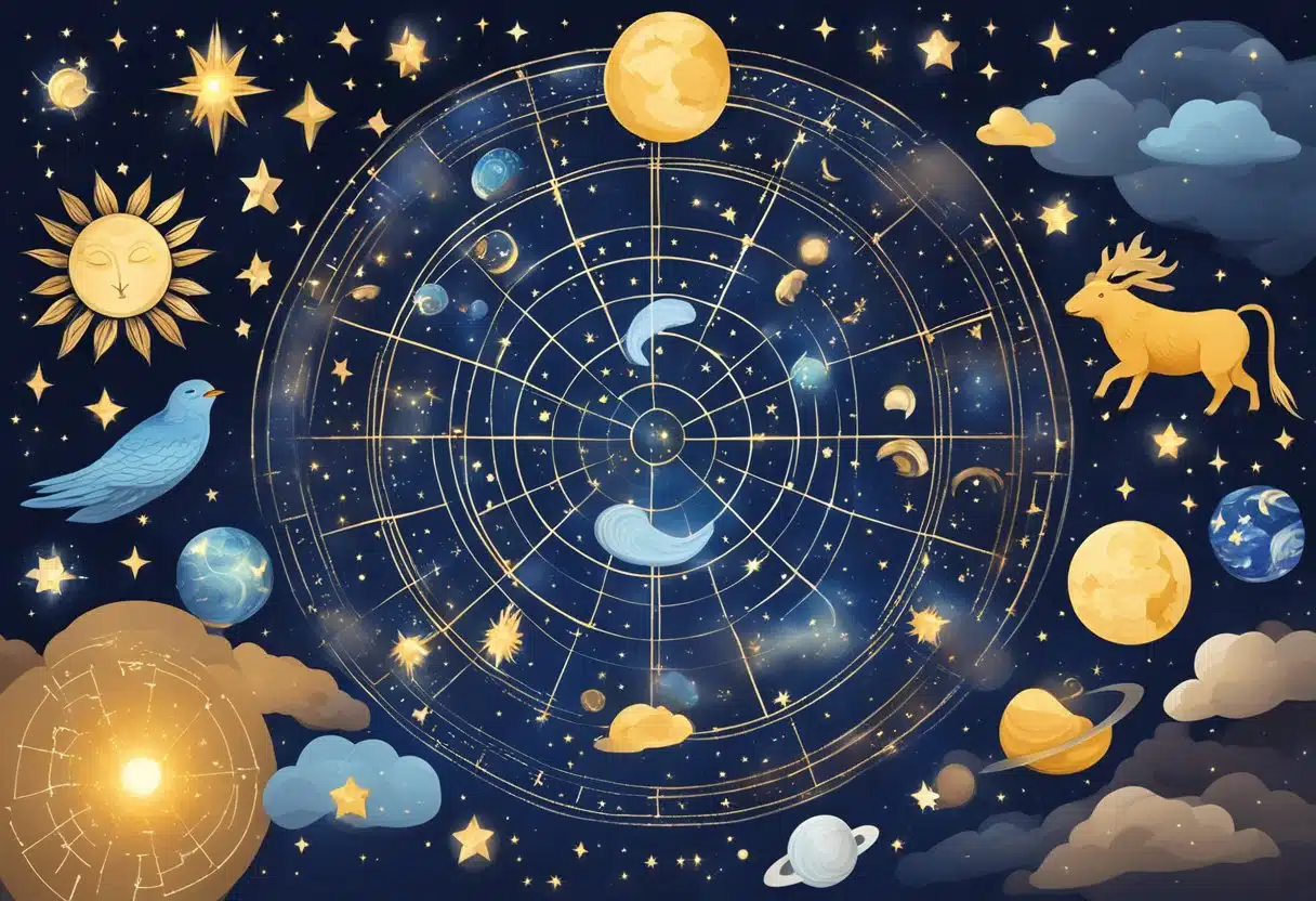 A starry night sky with the zodiac signs shining brightly, surrounded by symbols representing career and lifestyle