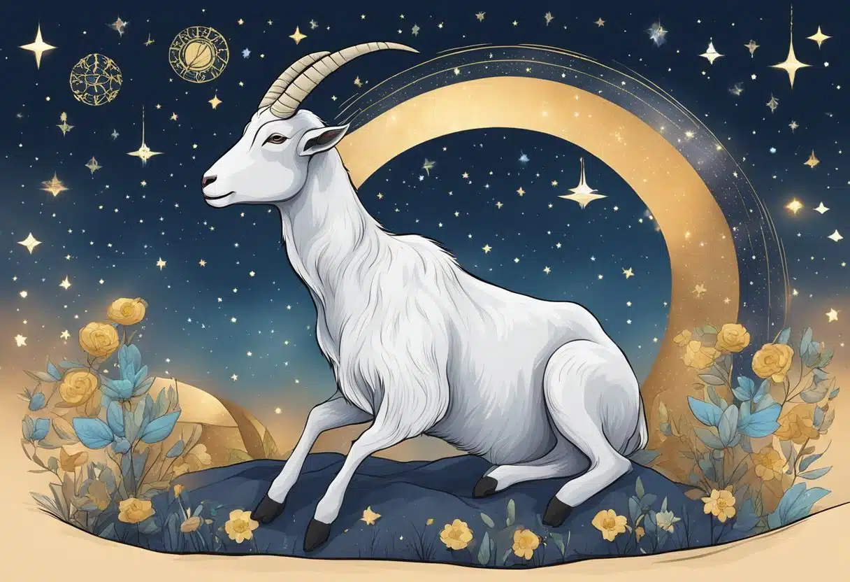 A serene goat grazes under a starry night sky on January 12th, surrounded by the symbols of the zodiac