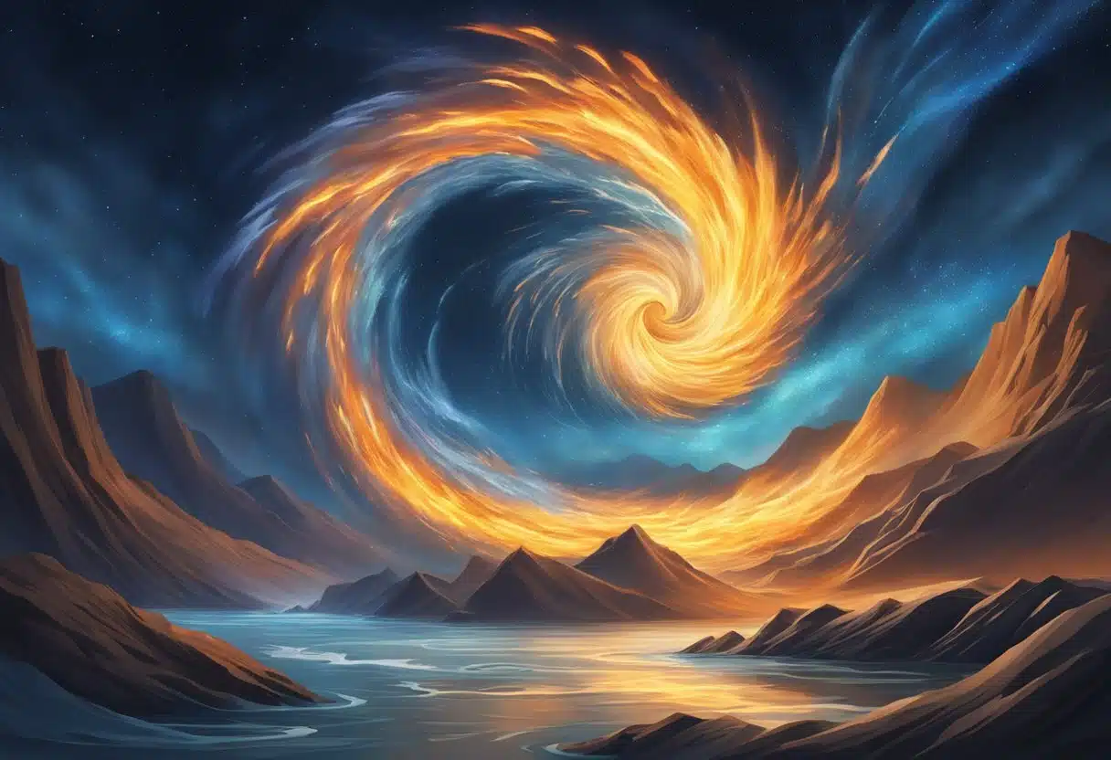 A swirling vortex of water and fire colliding under a starry night sky. The elements clash in a dramatic display of power and intensity