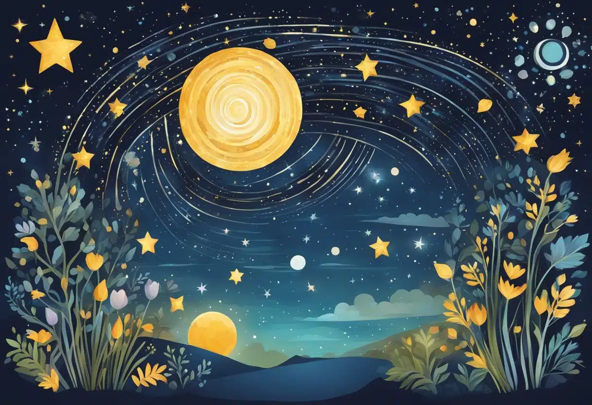 A starry night sky with the date "12. January" written in bold letters, surrounded by symbols representing personal growth and the zodiac sign