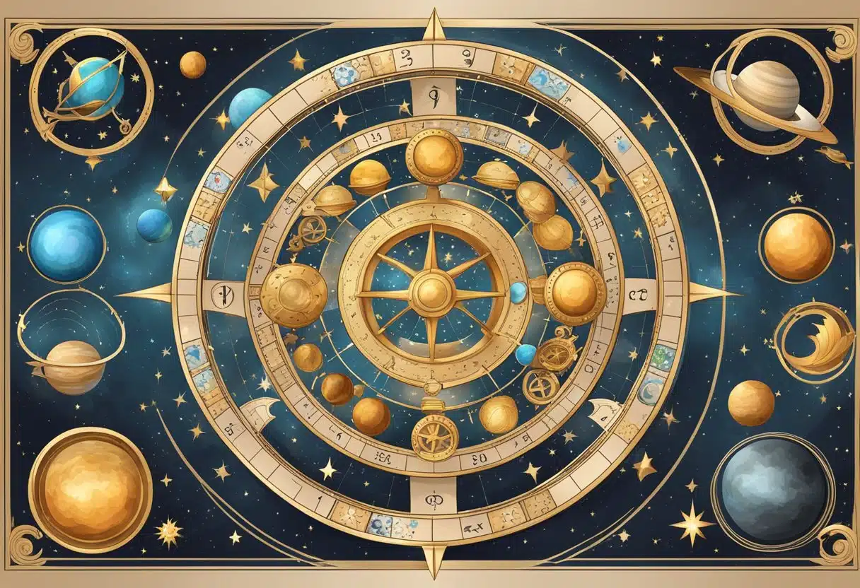 A celestial wheel with symbols for Capricorn, Aquarius, and Pisces, surrounded by stars and planets