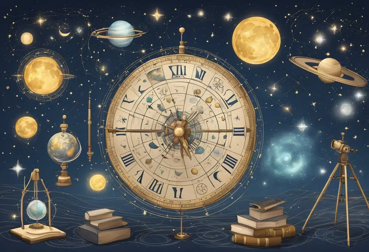 A starry night sky with zodiac symbols and scientific equipment