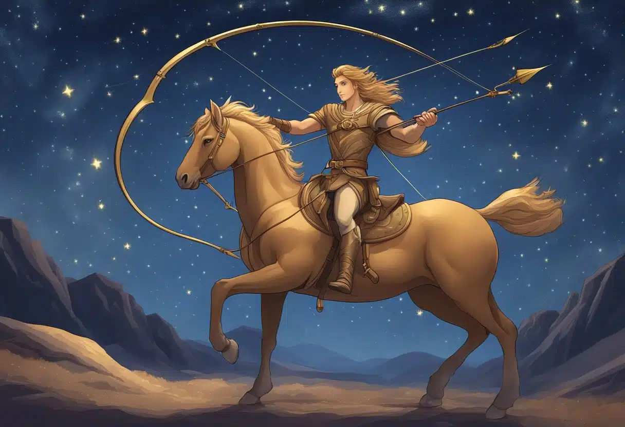 A centaur holding a bow and arrow, standing under a starry sky with a constellation of Sagittarius above
