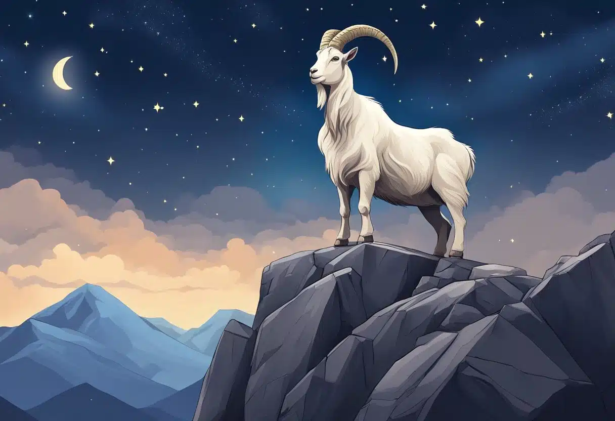 A majestic goat stands on a rocky mountain peak under the starry night sky, with its horns reaching towards the heavens