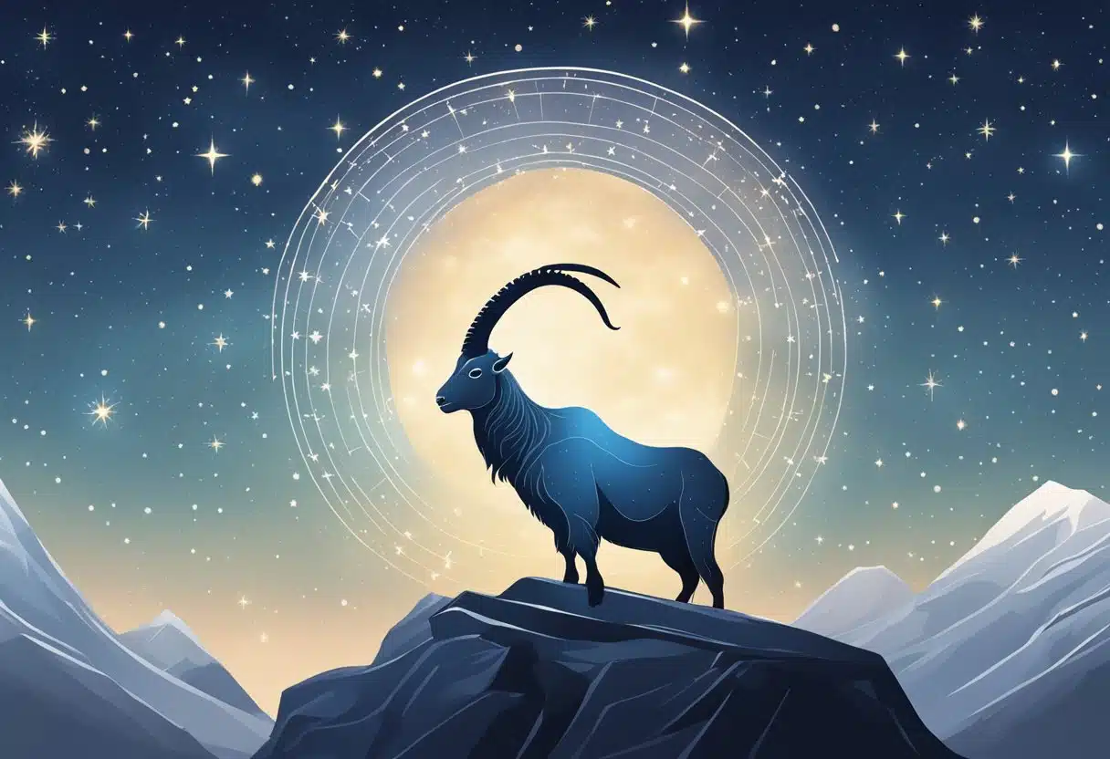 A celestial scene with the symbol for the Capricorn zodiac sign, a mountain goat, against a starry backdrop on January 13th