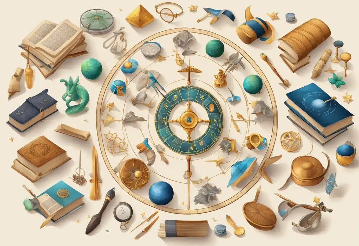 A couple stands under a starry night sky, surrounded by symbols of love and zodiac signs, expressing affection and connection