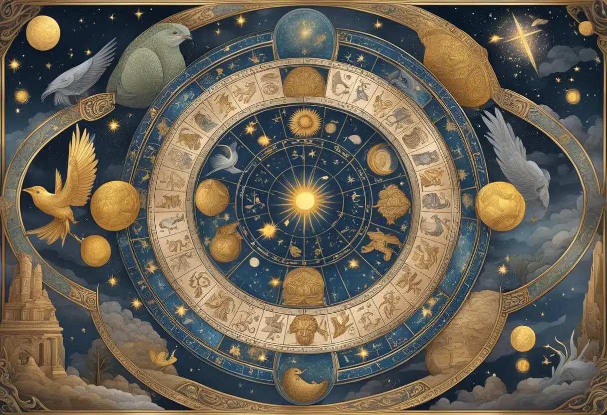 A celestial scene with zodiac signs and ancient symbols, evoking a sense of history and mythology