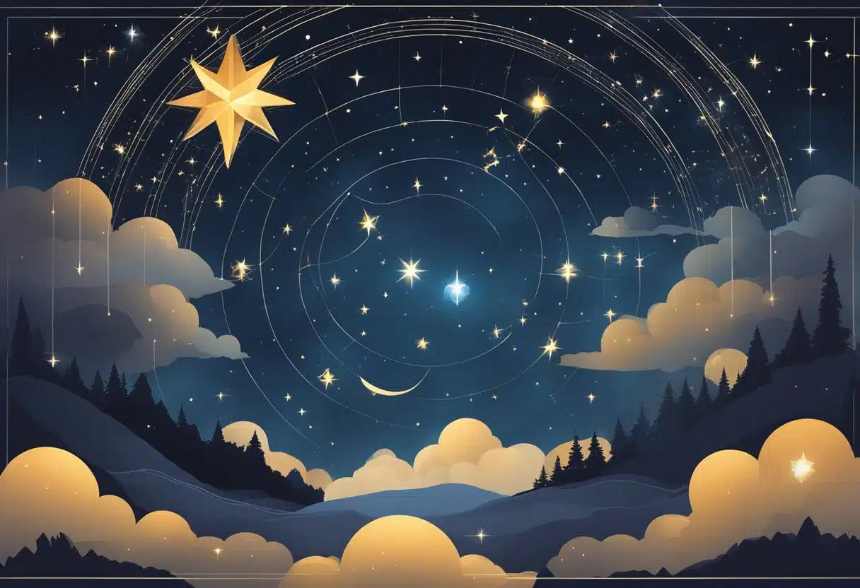 A celestial scene with stars and constellations on a dark night sky. The date "14th January" is highlighted, representing the zodiac sign