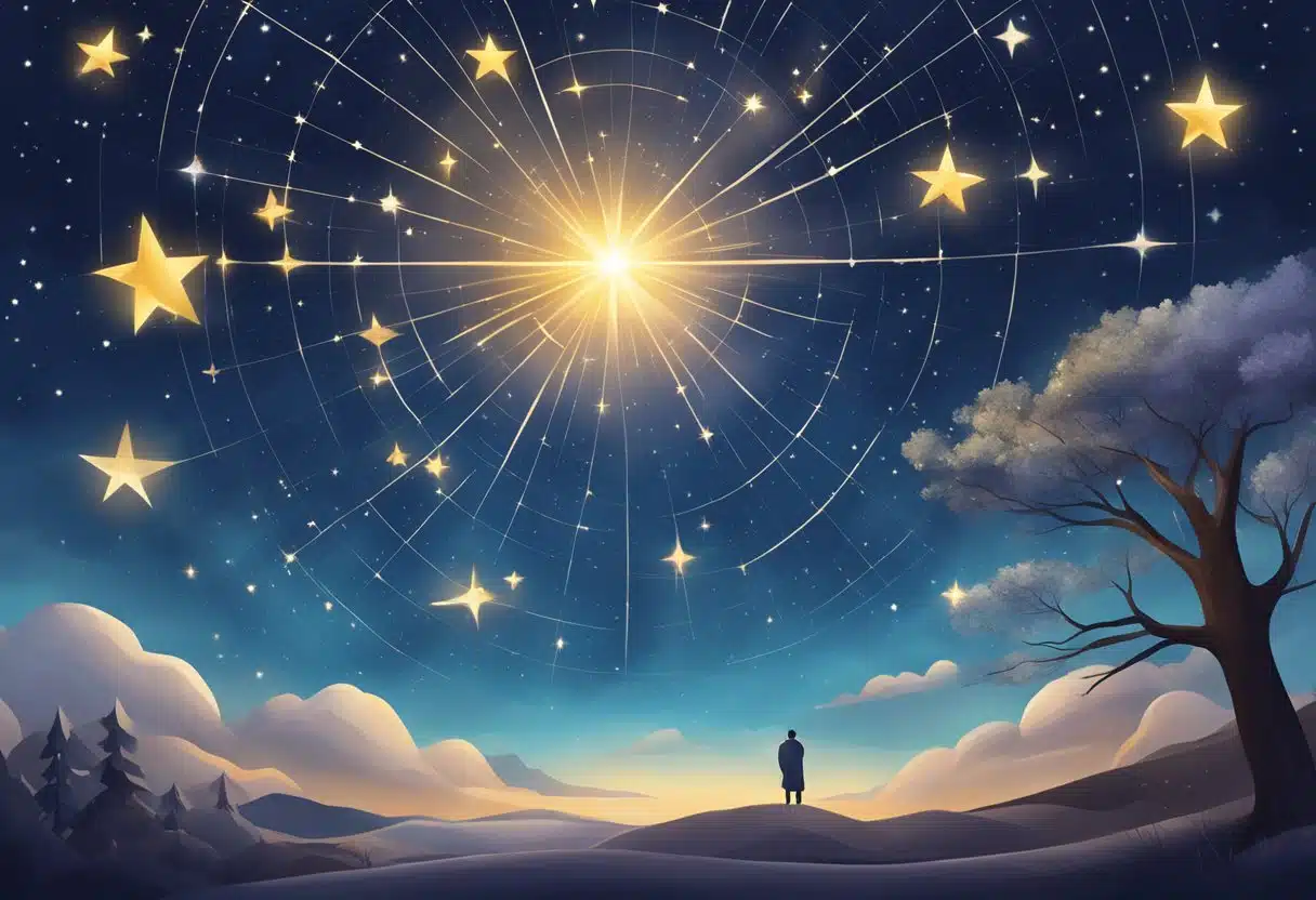 A star-filled sky on January 15th, with the zodiac sign symbol for career and life goals