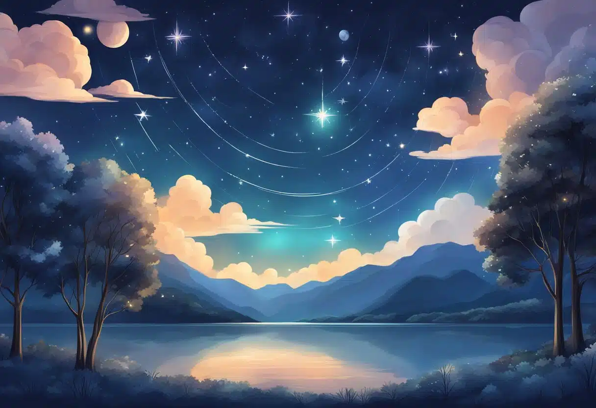 A serene night sky with zodiac constellations shining brightly. A peaceful landscape with elements of nature and astrology