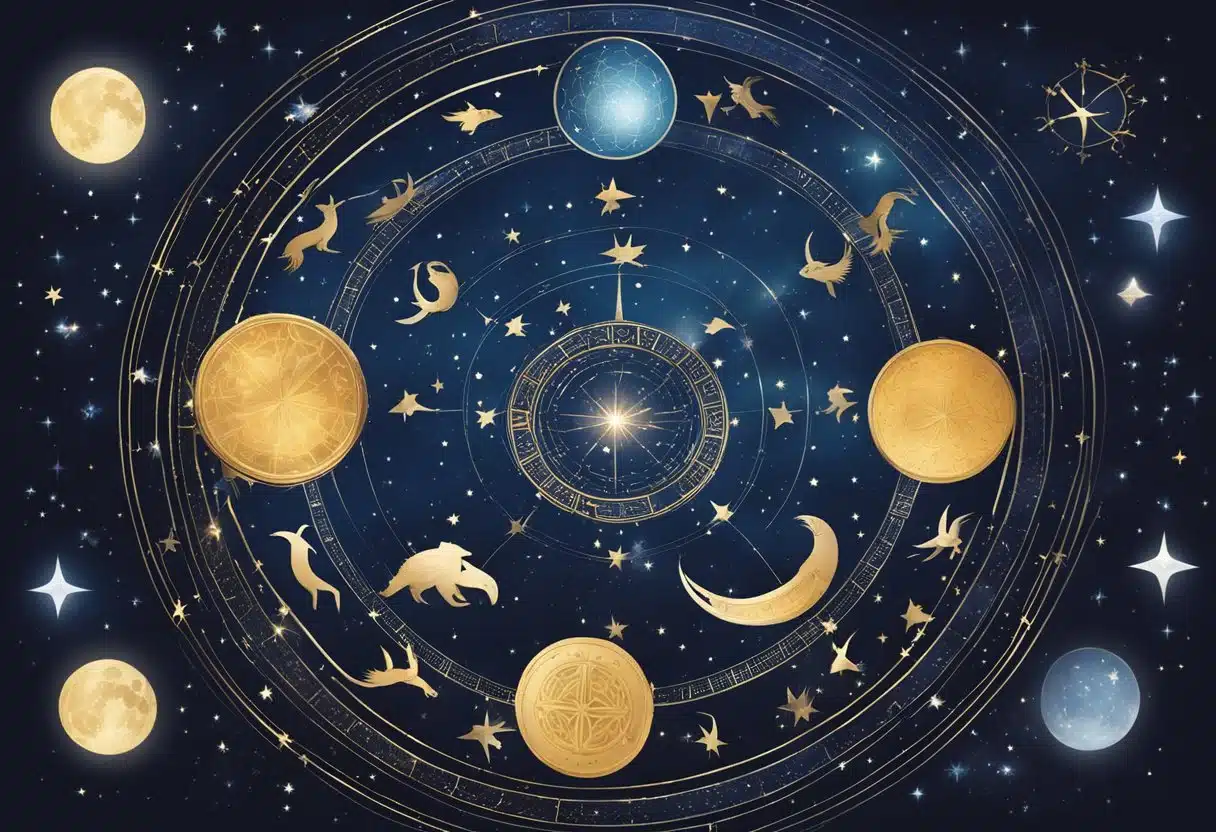 A group of zodiac symbols interact in a circle under the night sky on January 15th