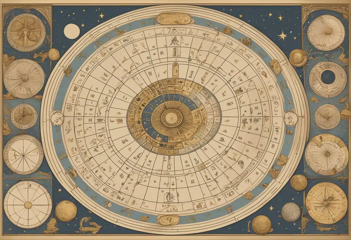 A table with zodiac symbols and astrological charts, surrounded by celestial imagery and a calendar displaying January 15th